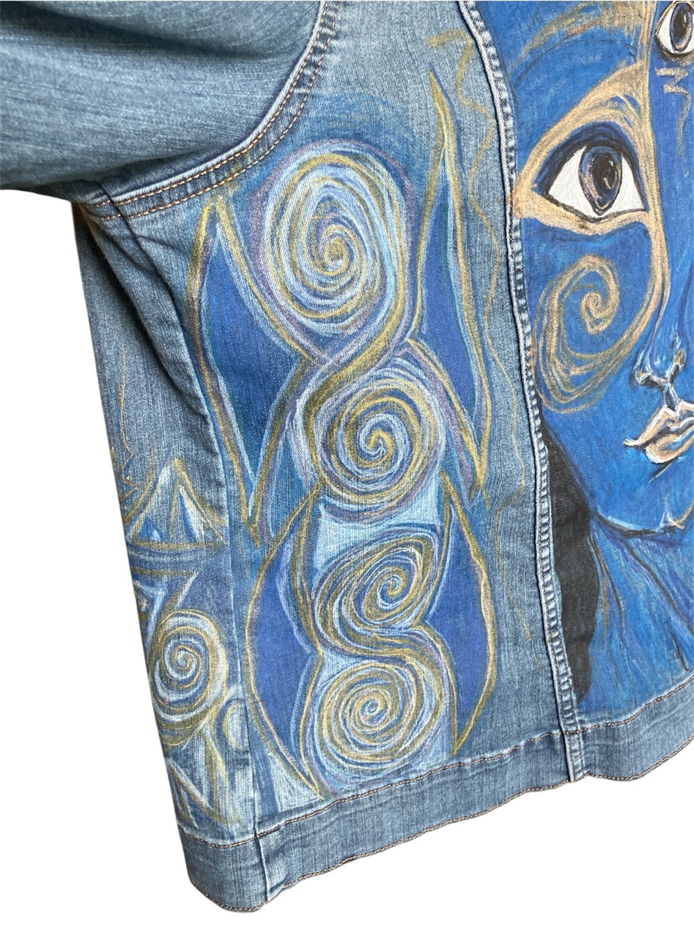 Hand-Painted Blue Third-Eye Goddess Denim Jacket size XL - Picture 5 of 8